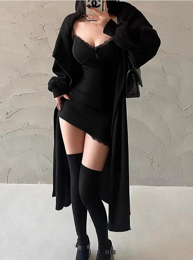 Y2K Retro Lace Patchwork Spaghetti Strap Black Bodycon Club Dress