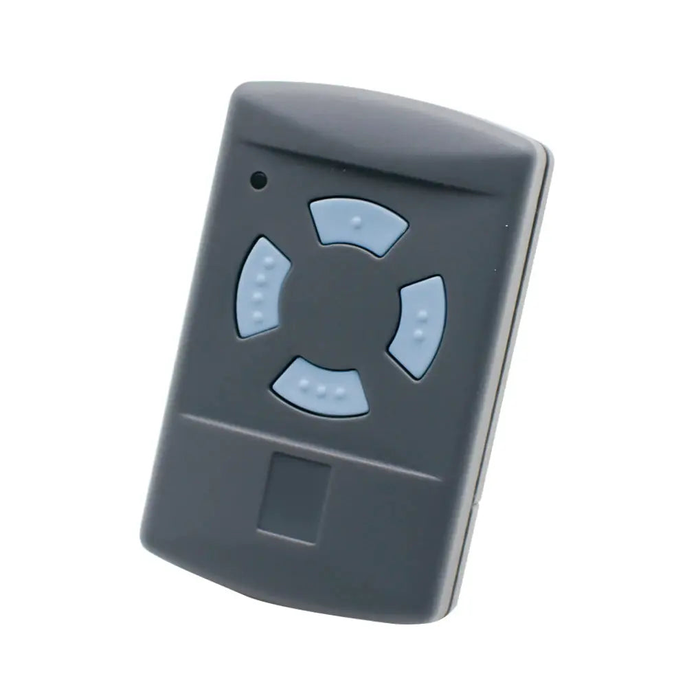 Garage door remote key fob in gray with light-blue circular button pads and a small dot indicator