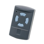 Garage door remote key fob in gray with light-blue circular button pads and a small dot indicator