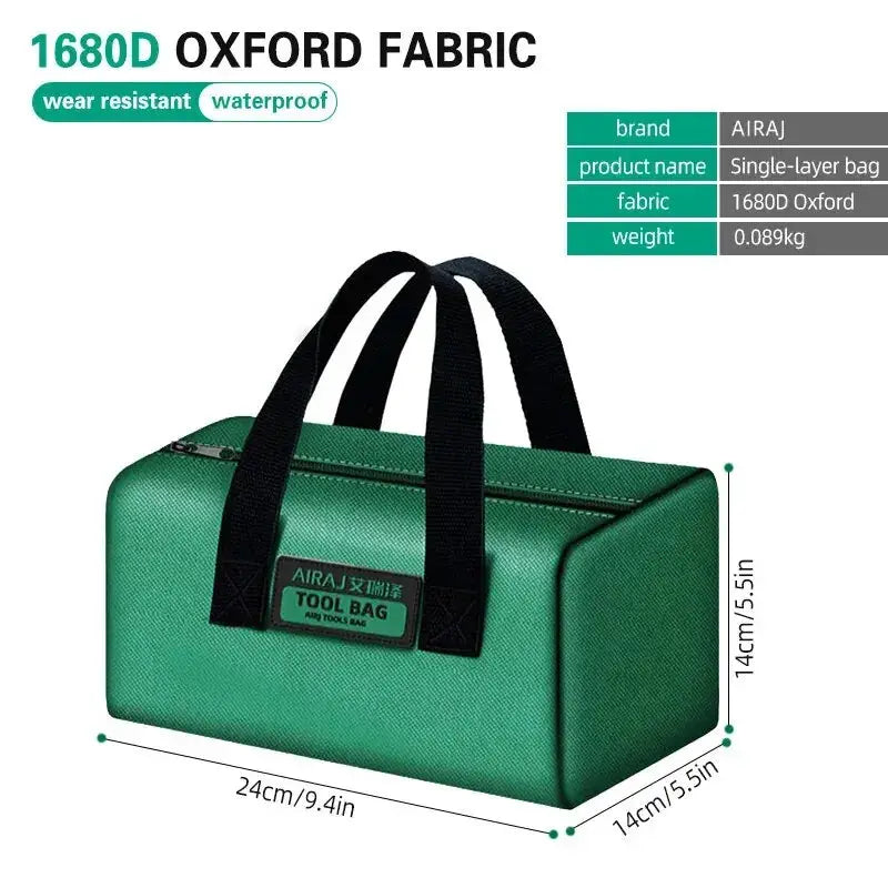 Airaj green Oxford fabric tool bag with black handles, 24x14x14 cm
