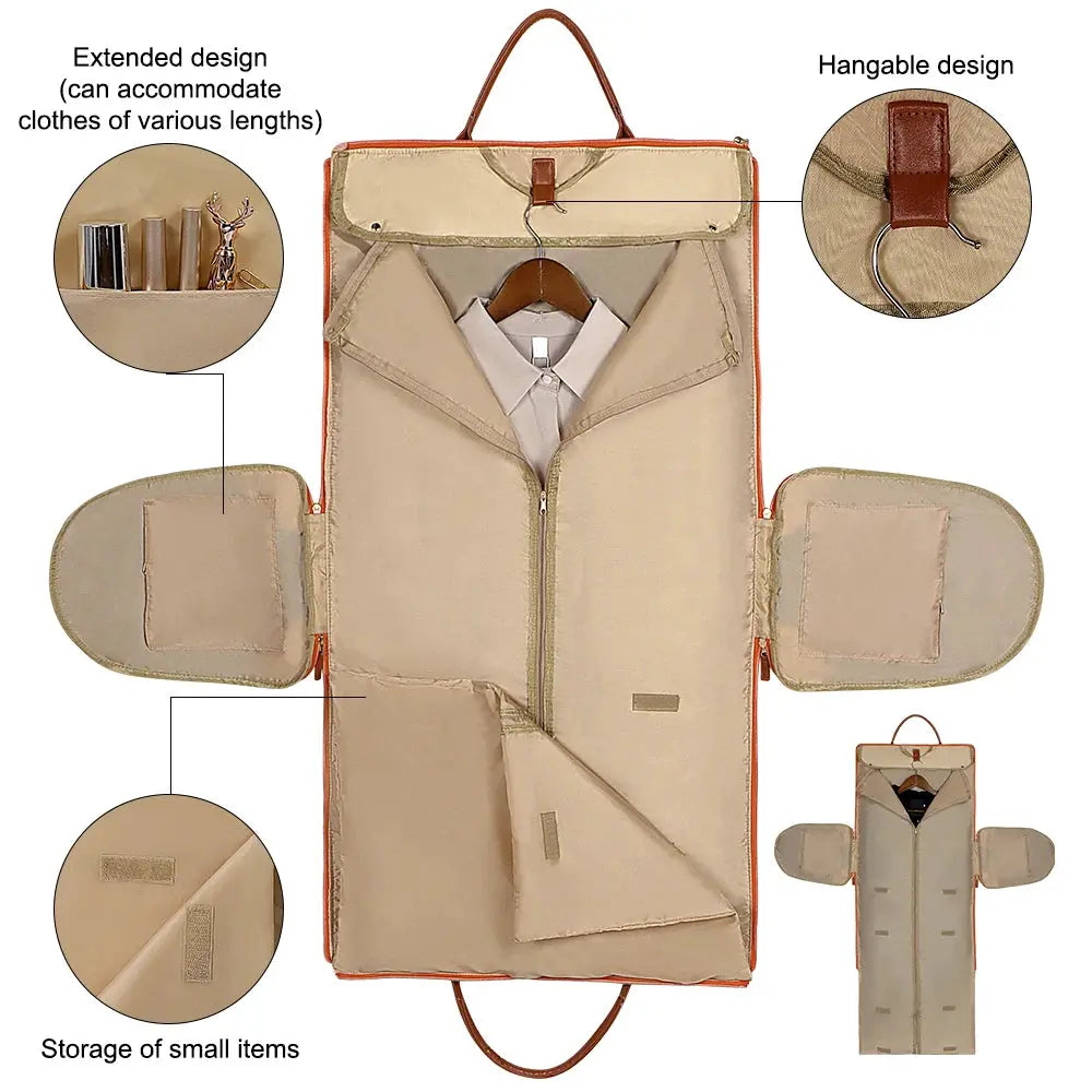 Foldable travel garment bag by Simples Market, beige fabric with large capacity, hangable wardrobe organizer.
