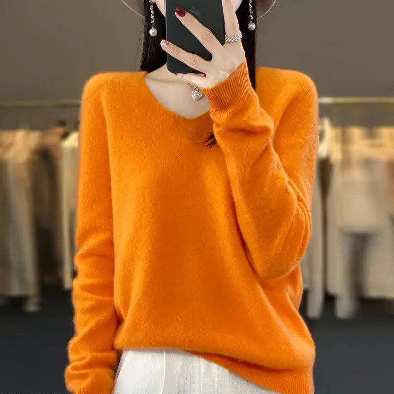 Women's Merino Wool V Neck Pullover Sweater Loose Fit for Autumn and Winter Comfort