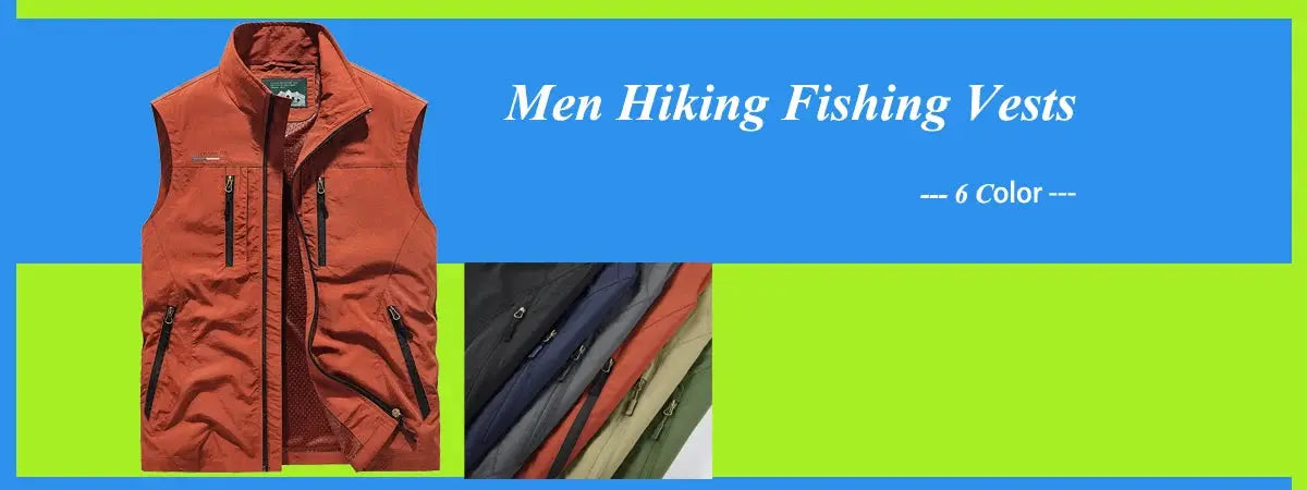 Men's windbreaker vest with zip pockets in red; lightweight casual jacket with six color options displayed