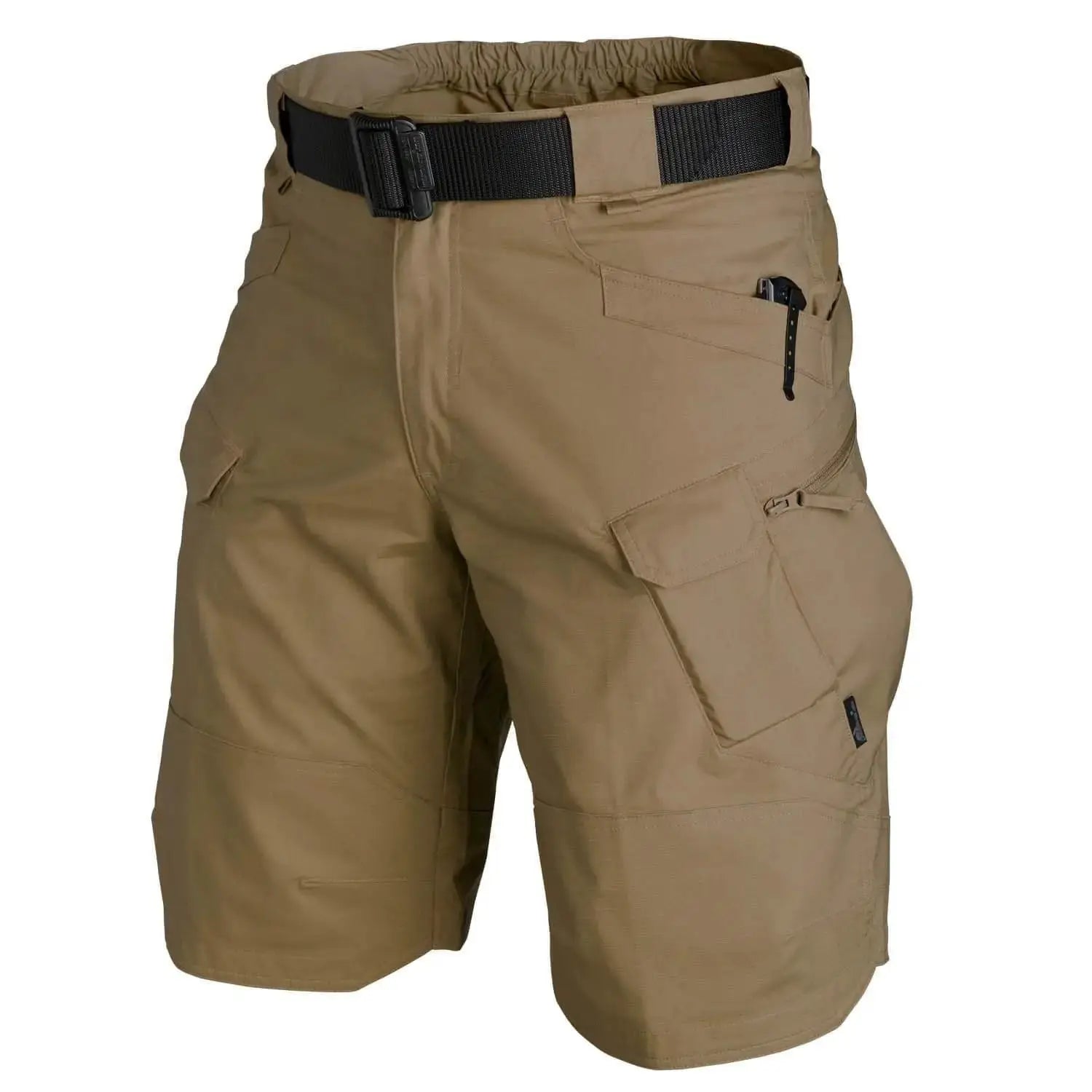 Men's tan cargo shorts by Simples Market with belt, multiple pockets and quick-dry waterproof fabric.
