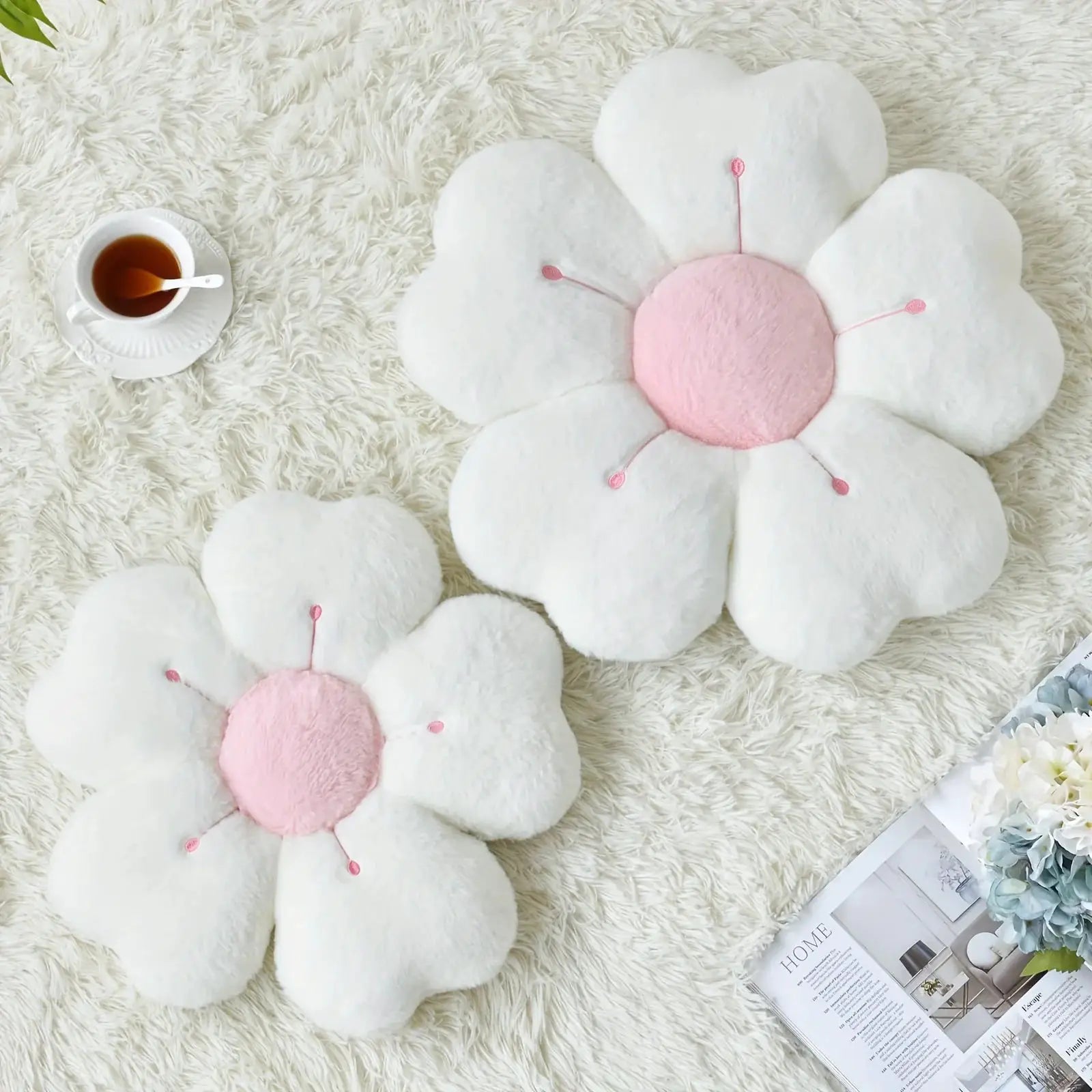 Simples Market flower-shaped plush throw pillows, white petals with pink centers, set of 2.