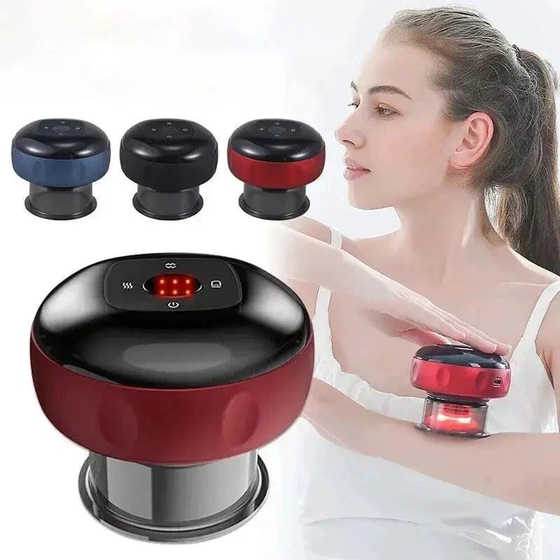 Simples Market intelligent vacuum cupping massager with heating; red main unit and four cup heads (blue, black, red)