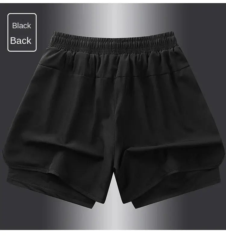 Running shorts, black quick-dry fabric with elastic waistband; unisex athletic wear.