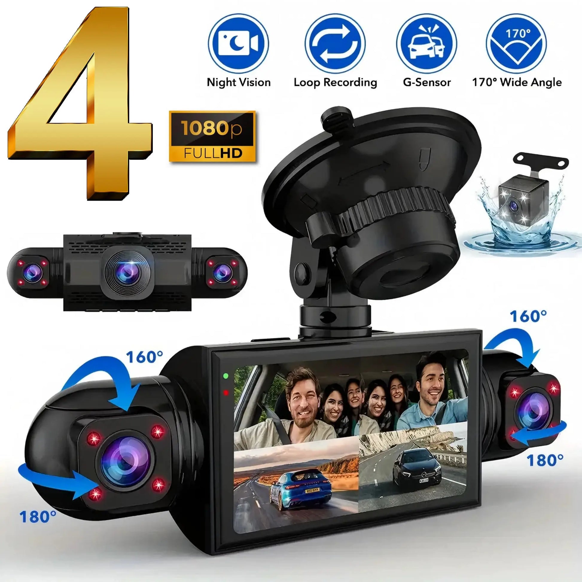 Car dash cam 4-channel with front, left, right and rear cameras; 1080p Full HD, night vision, loop recording