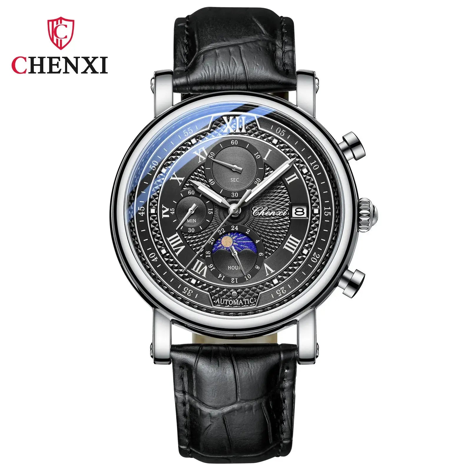 Chenxi 976 leather chronograph men's watch with phase‑of‑the‑moon dial, black leather strap, silver case, automatic movement