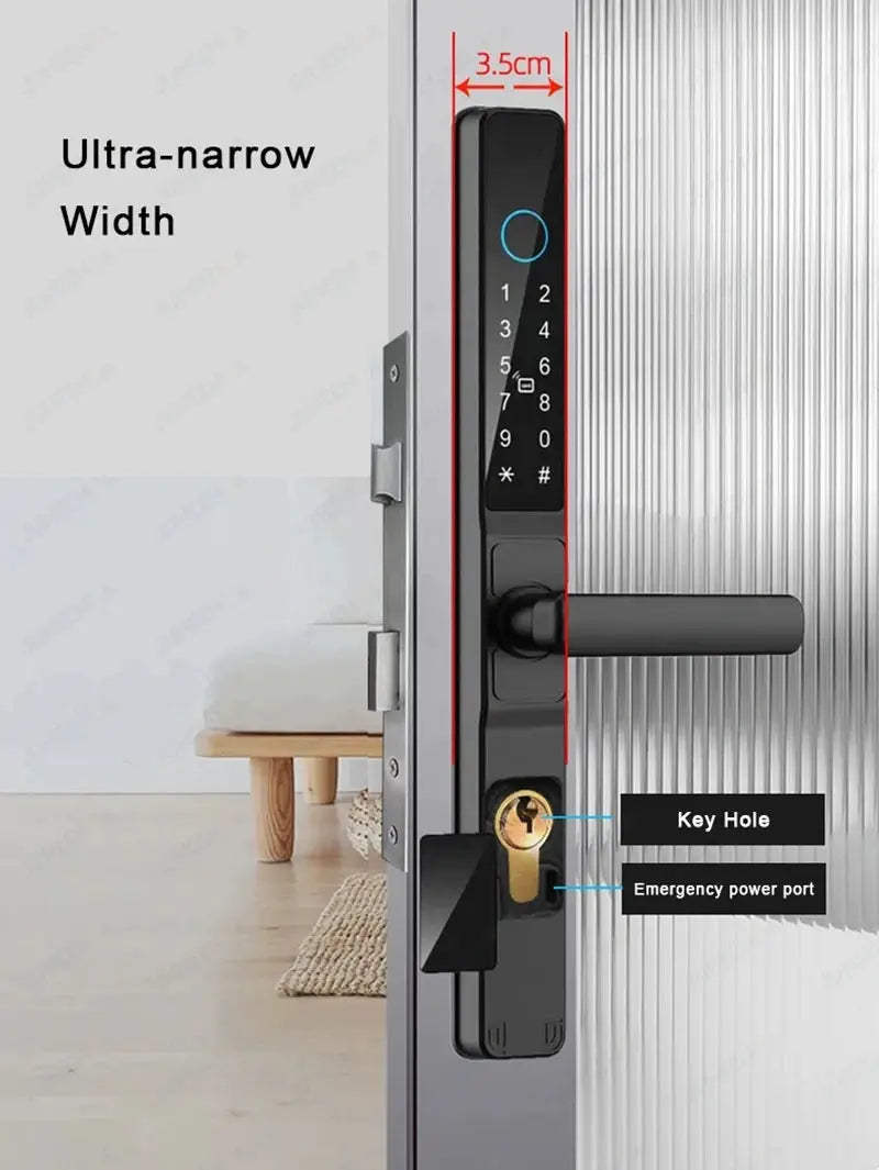 Simples Market ultra-narrow sliding door smart lock with keypad and fingerprint sensor on aluminum panel