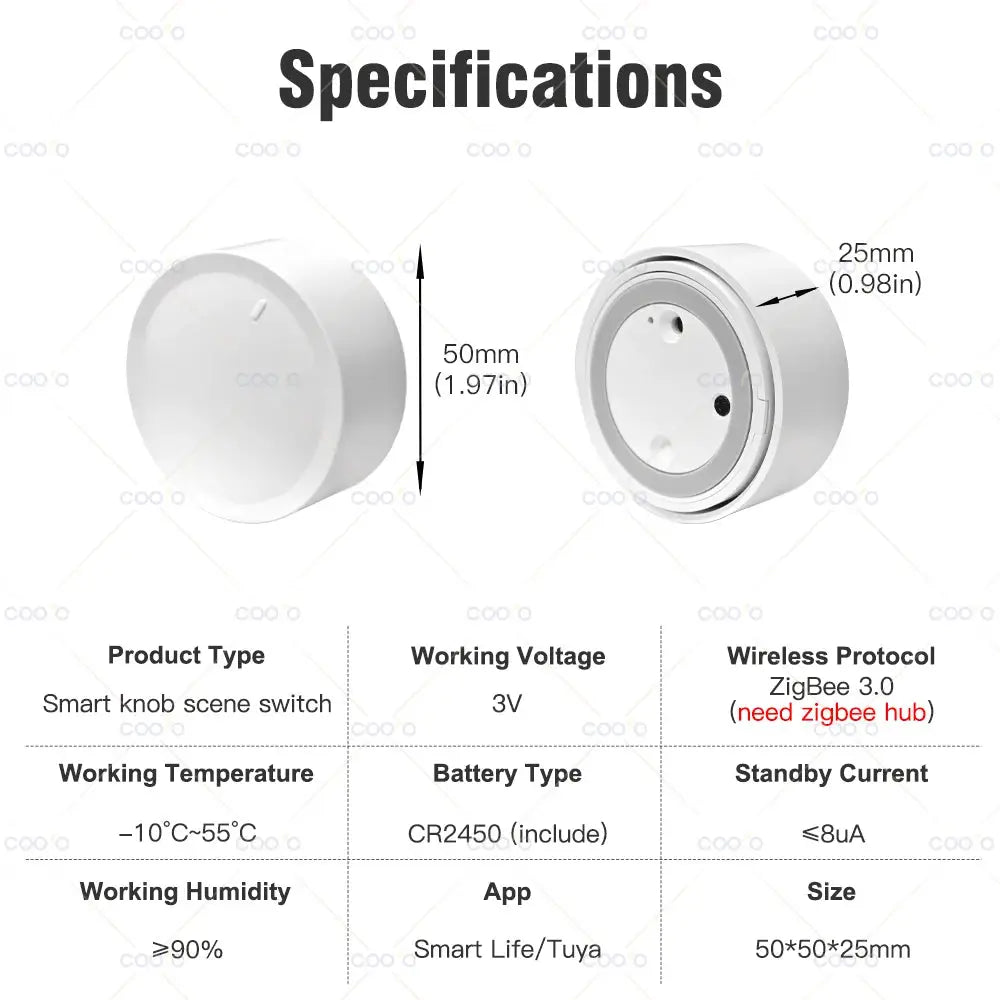 Simples Market Tuya ZigBee smart knob switch; white round rotatable dimmer, compact 50x50x25mm module