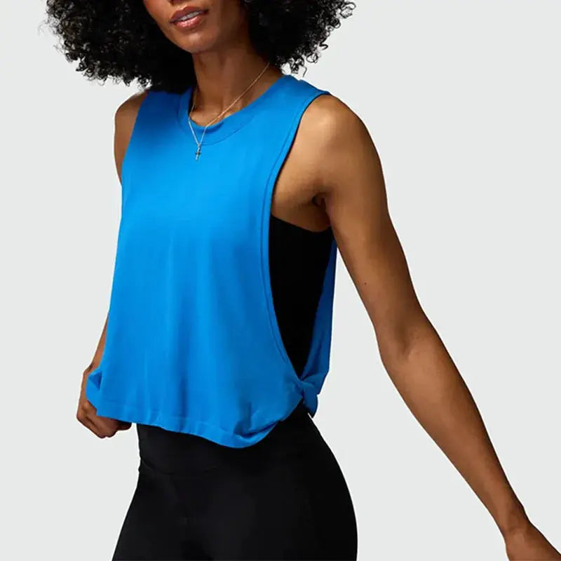 Women solid blue running vest crop top; sleeveless gym tank for workouts
