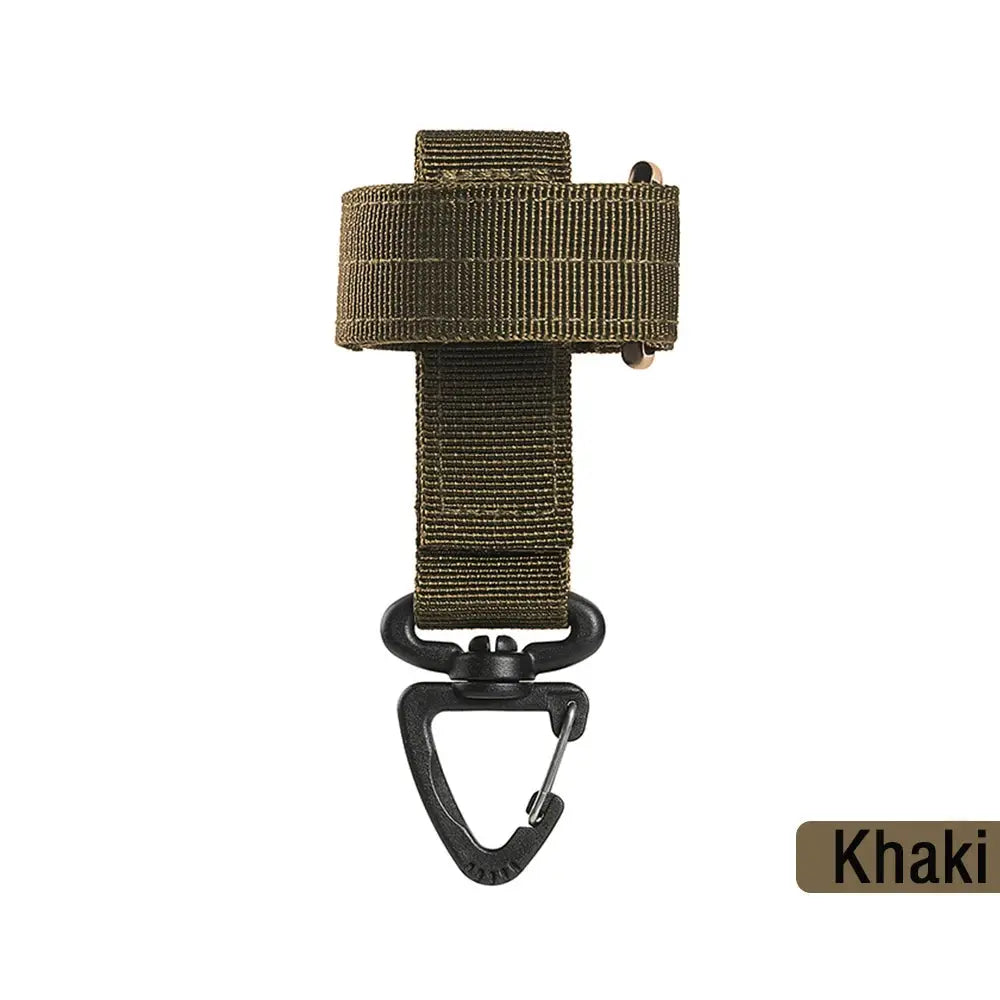 Nylon strap with metal carabiner clip in khaki for outdoor camping gear