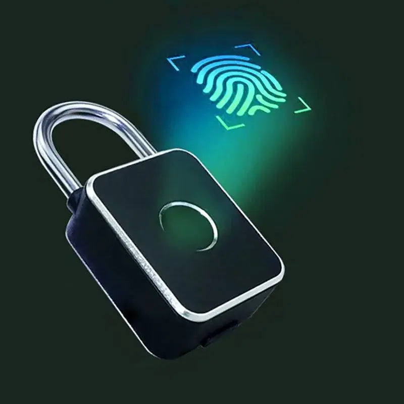 3-in-1 mini smart padlock with fingerprint USB charging; black body, silver shackle, for cabinets, doors, bicycles
