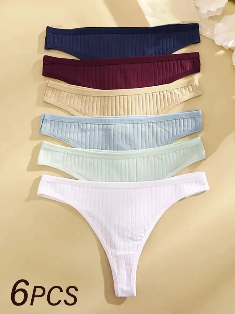 Simples Market 6-pack ribbed cotton thong panties, low-rise G-string in navy, burgundy, beige, light blue, mint, white.