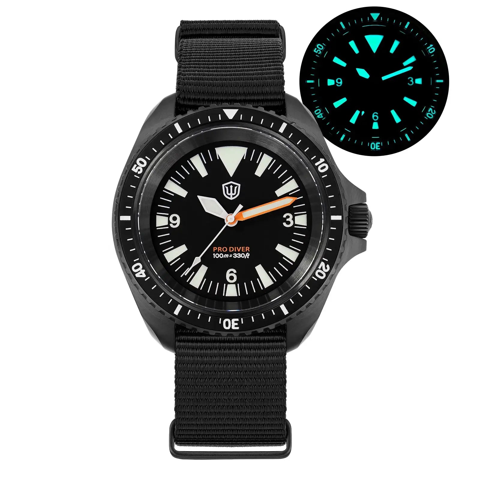 Watchdives WD1980 V3 diver watch with black dial, luminescent markers and orange minute hand, black bezel, nylon strap