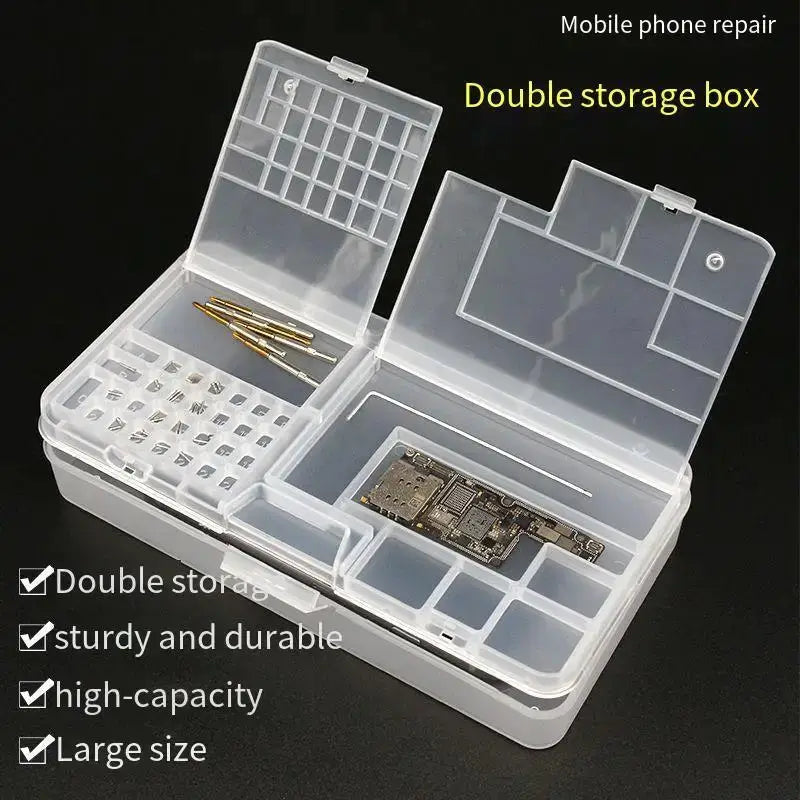 Clear PVC double-layer storage box for phone repair with compartments for screws, chips, and a PCB