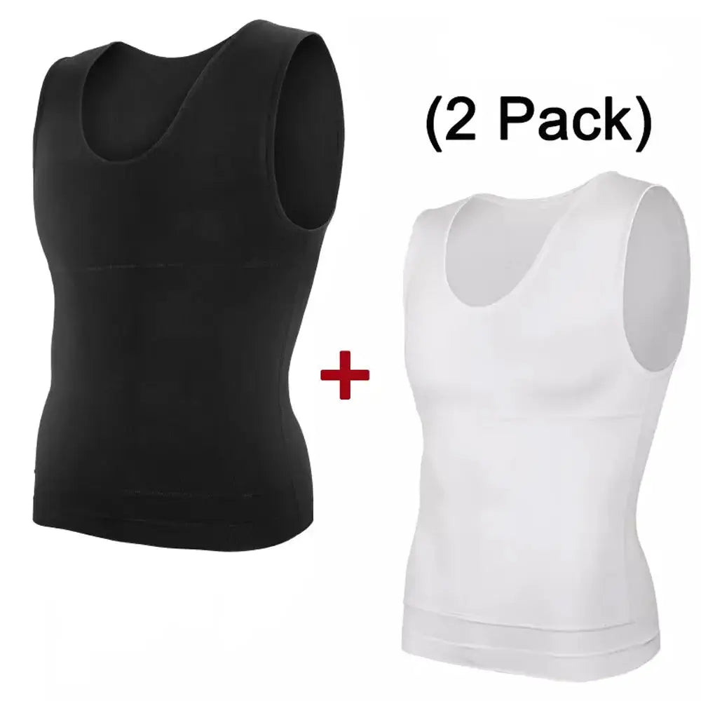2-piece men's slimming compression shirts from Simples Market, black and white, round-neck tummy-control body shaper tops