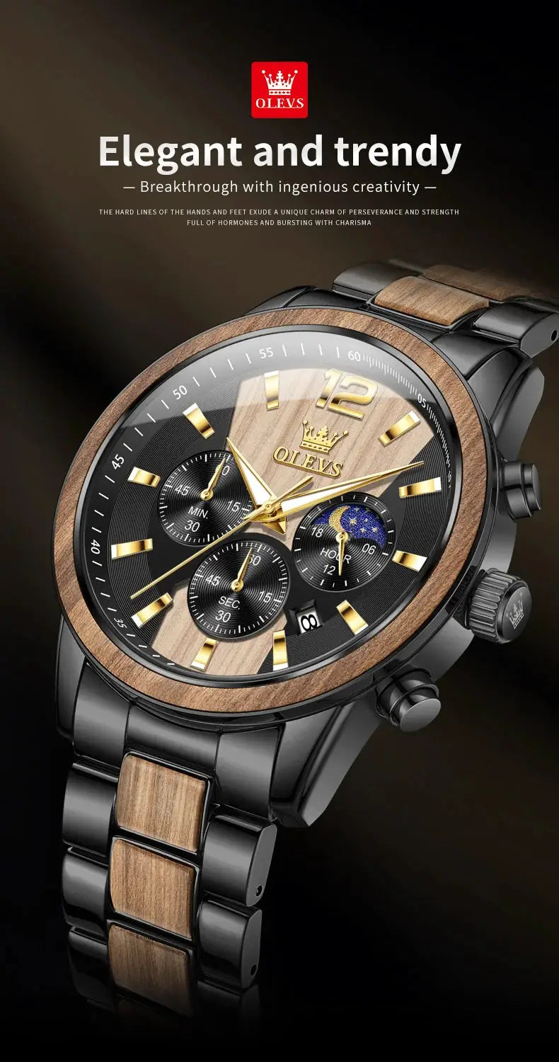 OLEVS men's wooden wristwatch with black dial, gold indices, wood bezel and wooden links; waterproof with luminous date