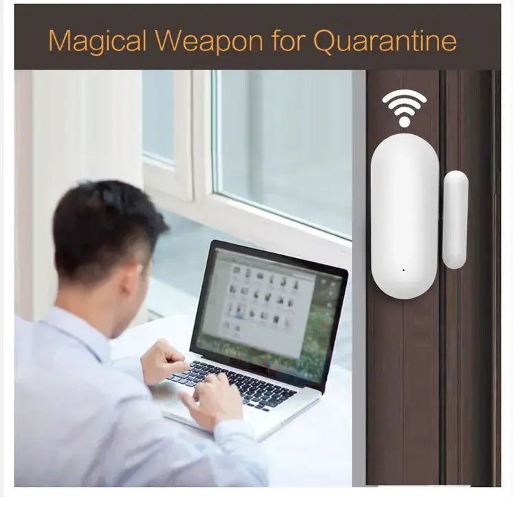 Tuya Smart WiFi Door Sensor pair on a door frame with magnet; white plastic, app control for smart home
