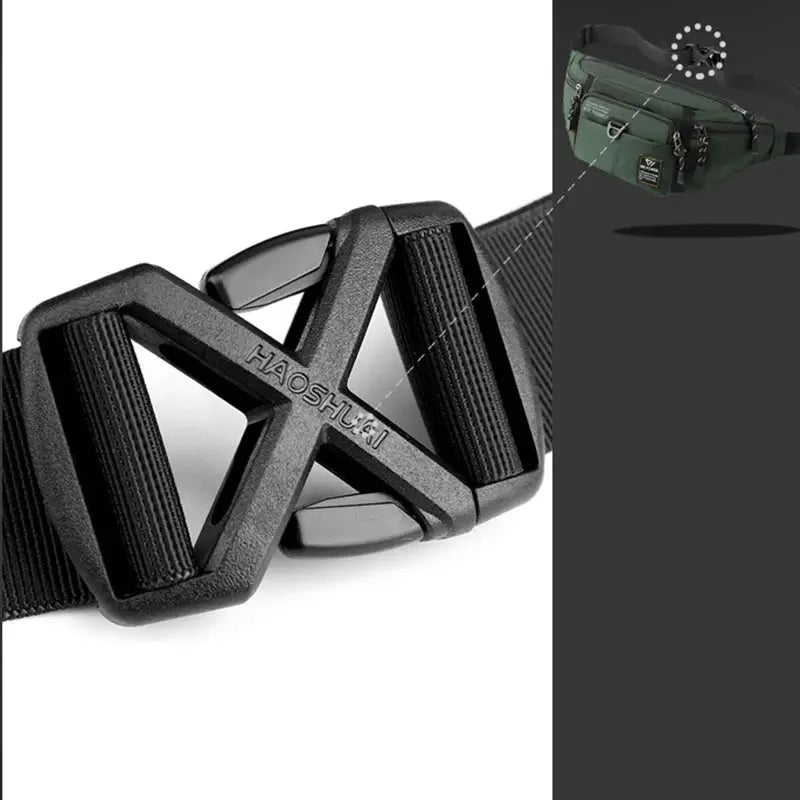 Men's waist fanny pack belt with black nylon strap and HAOSHUI buckle; inset shows a green multi-pocket bag, two items.