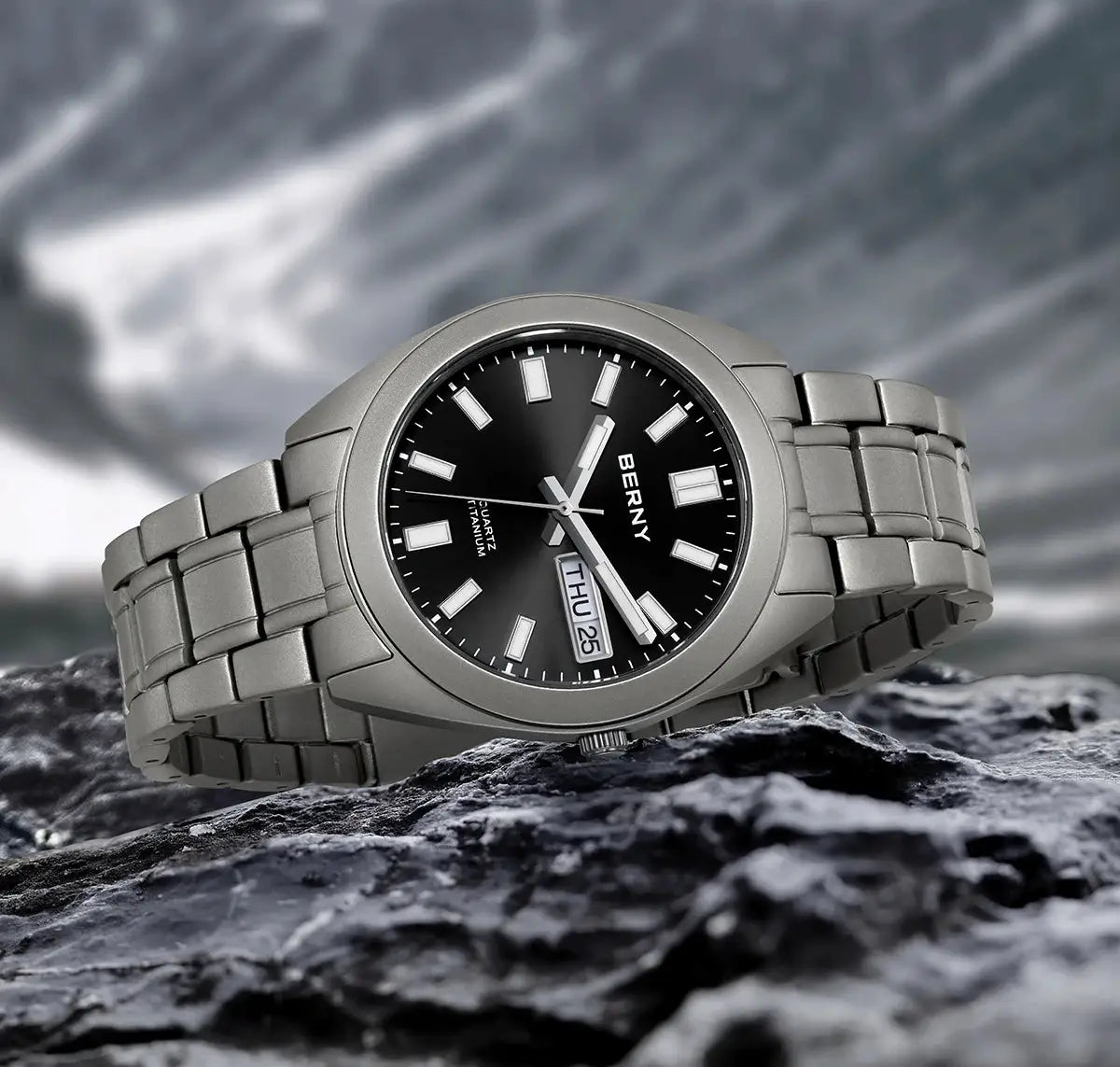 BERNY titanium men's watch with black dial and silver metal bracelet