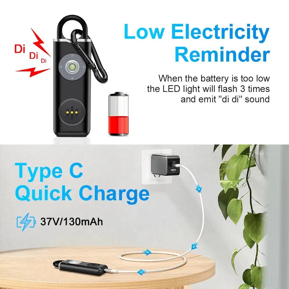 Hollarm self-defense personal alarm by Simples Market; black rechargeable keychain with LED light and 130dB siren