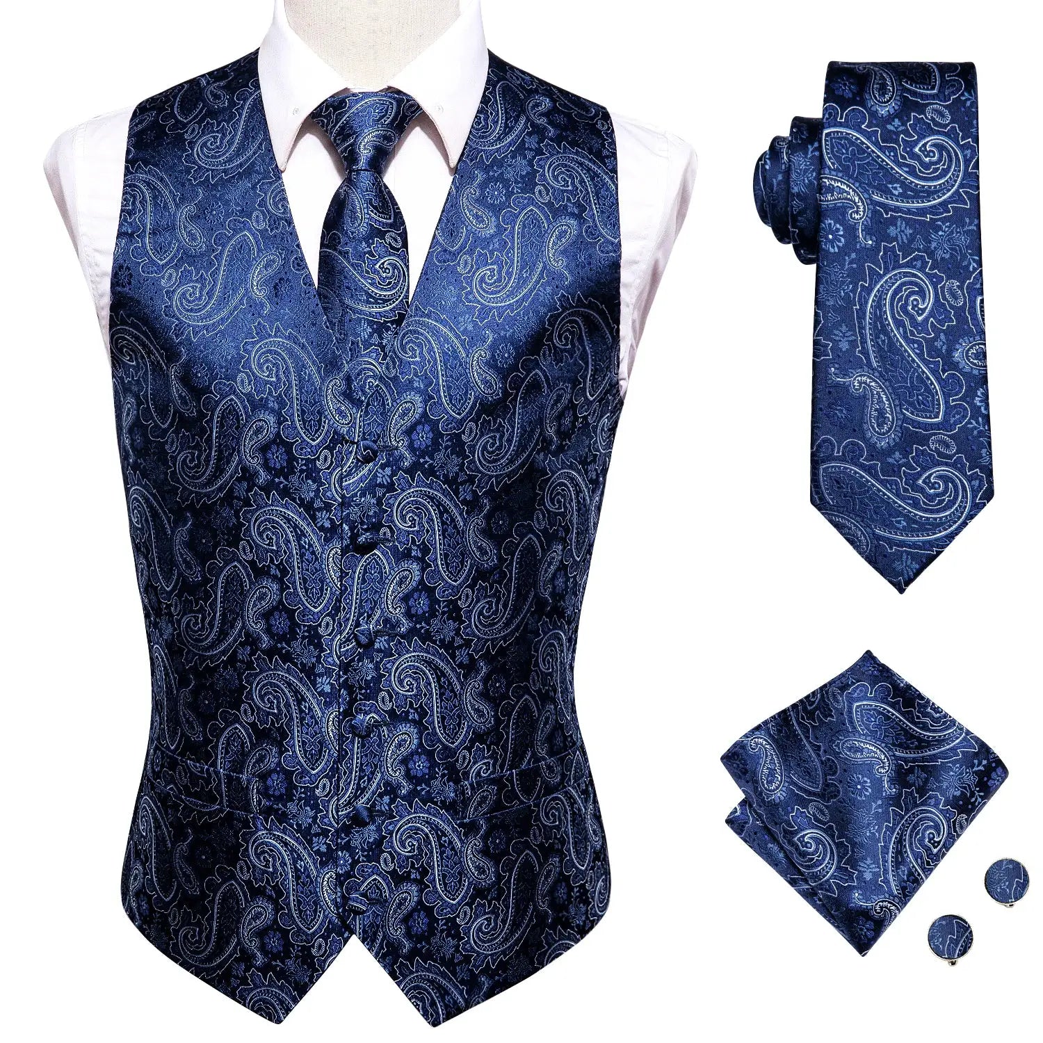 Mens blue paisley waistcoat set with tie, handkerchief and cufflinks (2)