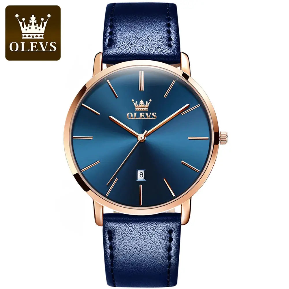 OLEVS men's quartz wristwatch with blue dial, rose-gold case and blue leather strap, date window