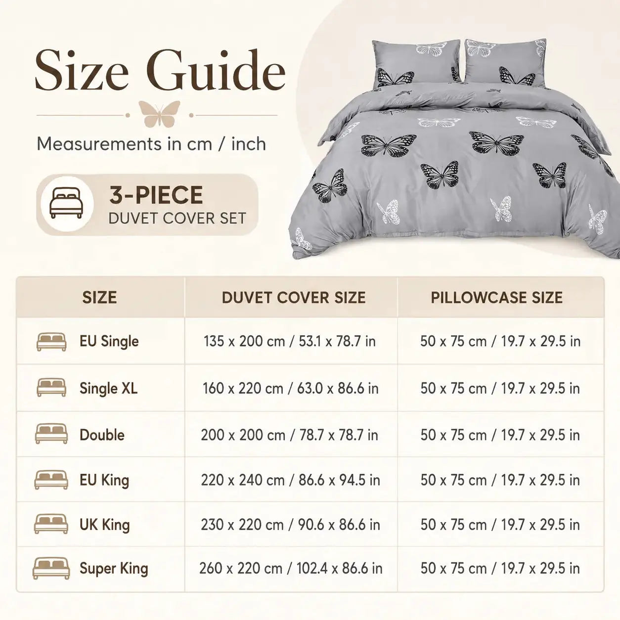 3-piece gray butterfly duvet cover set with pillowcases, soft bedding