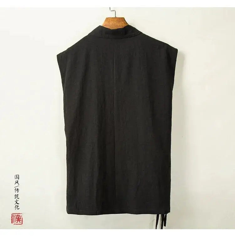 Black men's Hanfu vest made of linen-cotton, sleeveless top with high collar (back view).