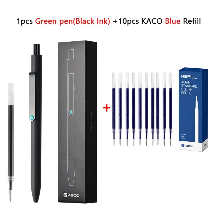 KACO 0.5mm gel ink pen set with green pen and ten blue refills (Simples Market)