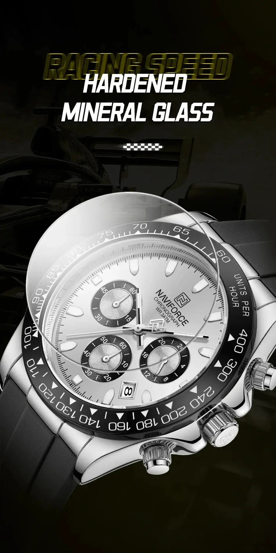Naviforce NF8054 men's luminous chronograph watch with silicone band, silver dial and black bezel
