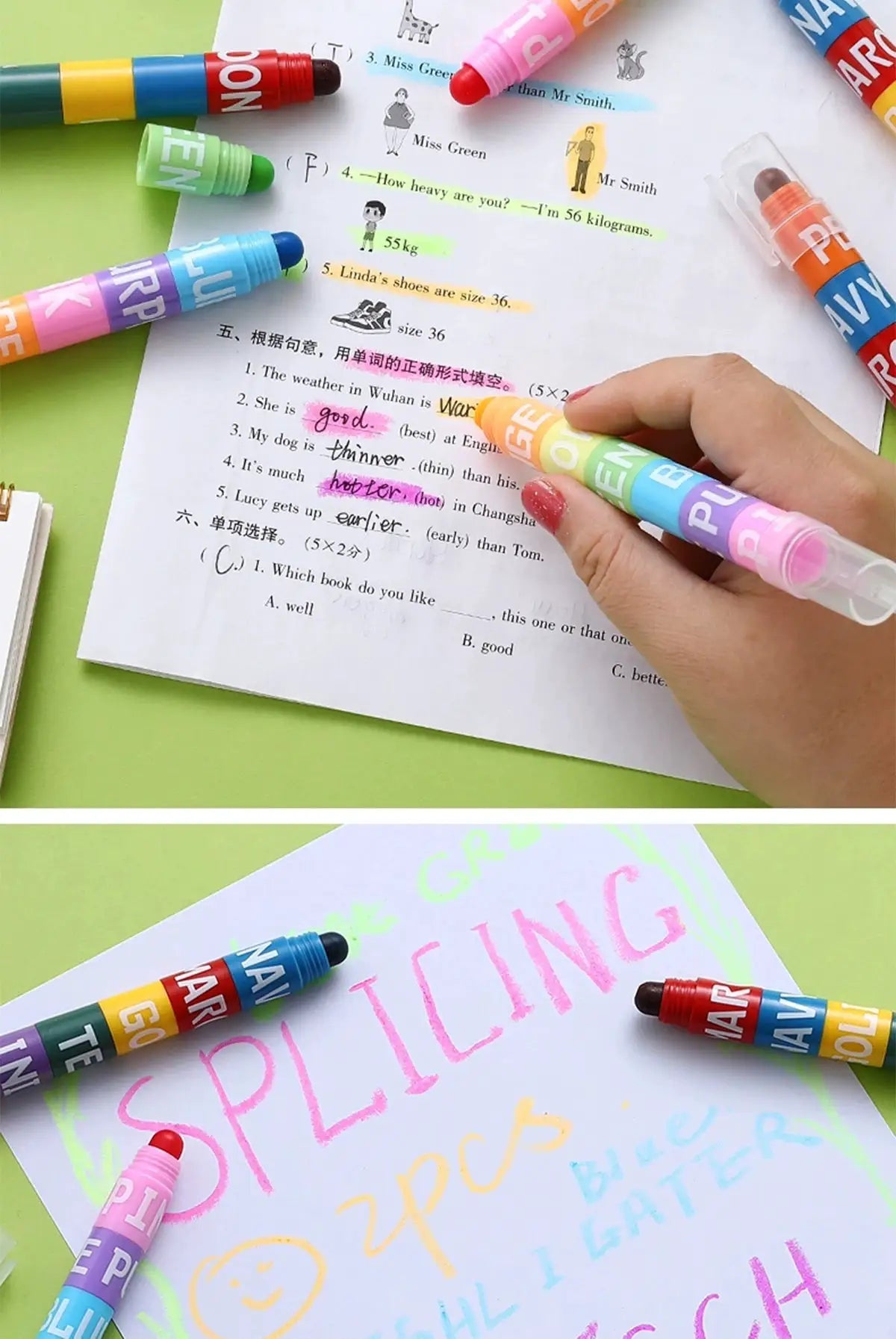 12-color highlighter marker set by Simples Market; pastel graffiti pens on a worksheet