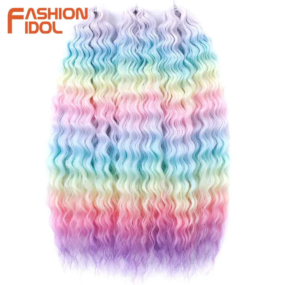 Ariel Hair Synthetic Twist Crochet Curly Hair 24in water-wave rainbow ombre extensions; set of 4 bundles; Fashion Idol logo.