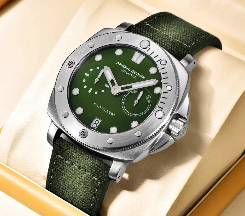 Pagani Design automatic diver watch with green dial, stainless steel case, green fabric strap, 200m water resistance