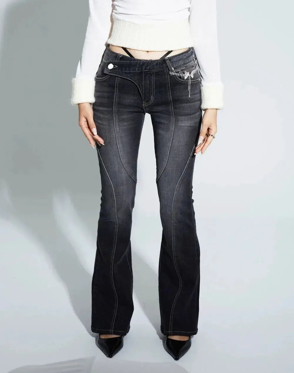 Vintage Distressed Asymmetrical Low Waist Jeans Grunge Flare Denim