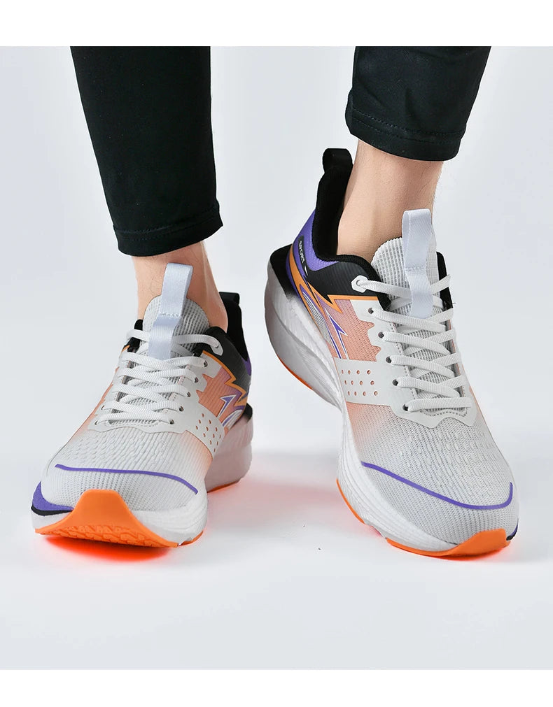 Men's running shoes by Simples Market with breathable mesh, white/gray upper and orange outsole (pair)