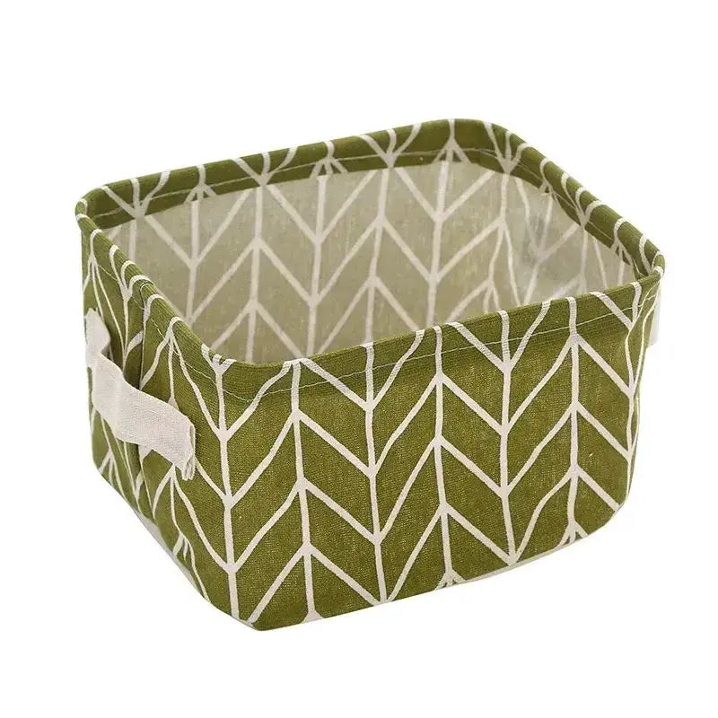 Simples Market linen desktop storage basket with side handles in olive green chevron pattern