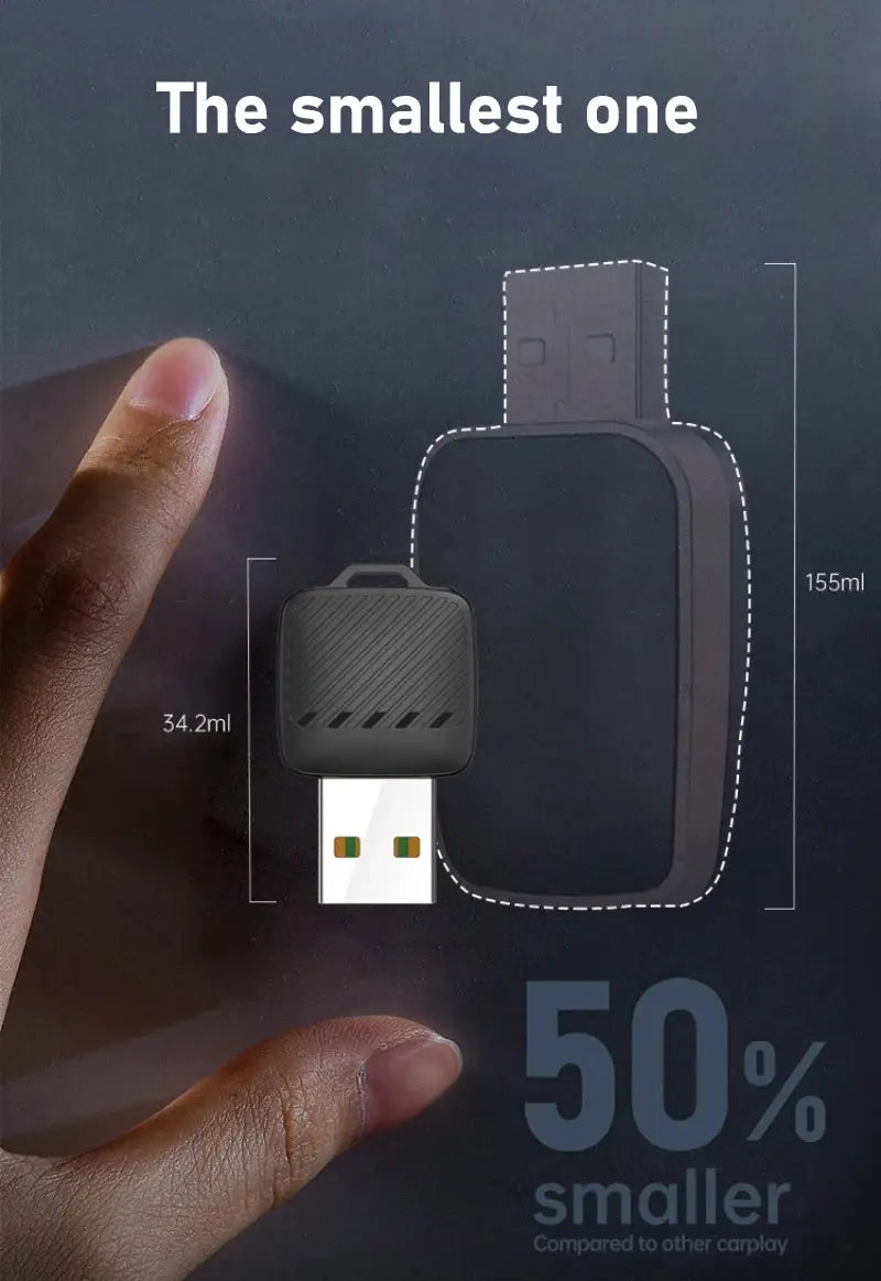 2-in-1 wireless Android Auto and CarPlay dongle by Simples Market, compact black USB car adapter.