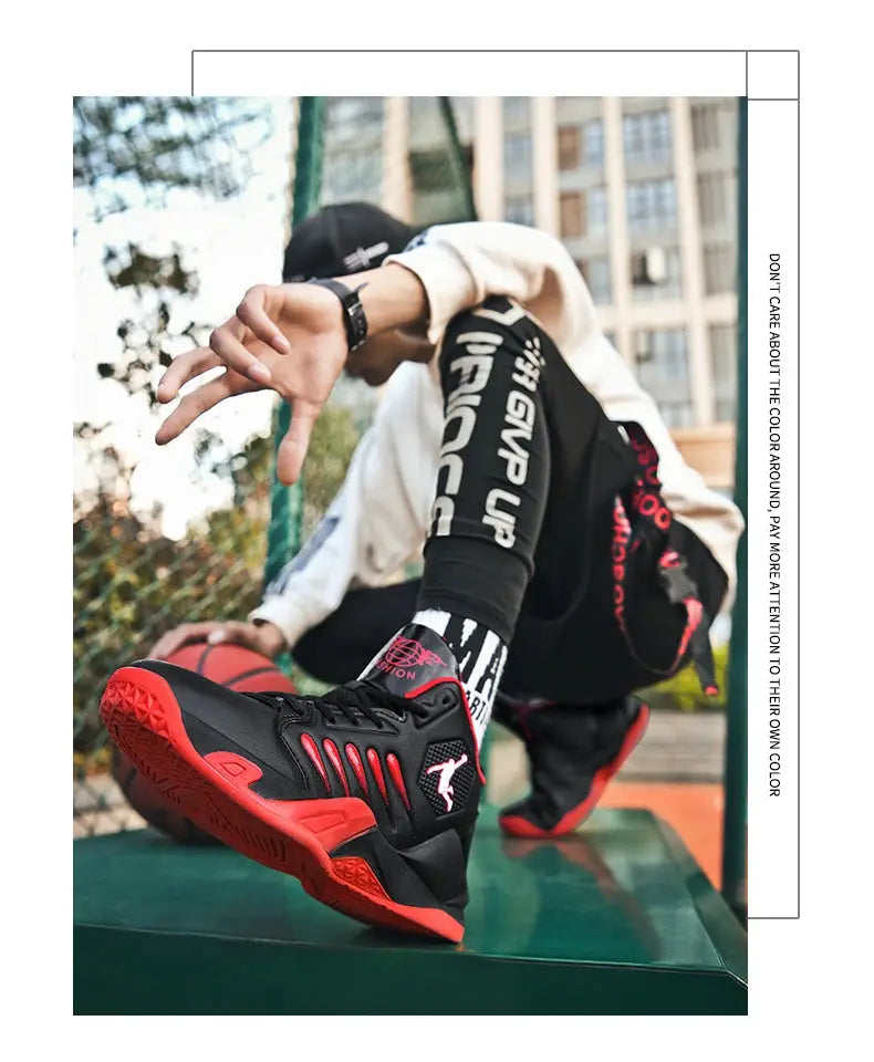 Men's sneakers by Simples Market, black with red accents and red sole.