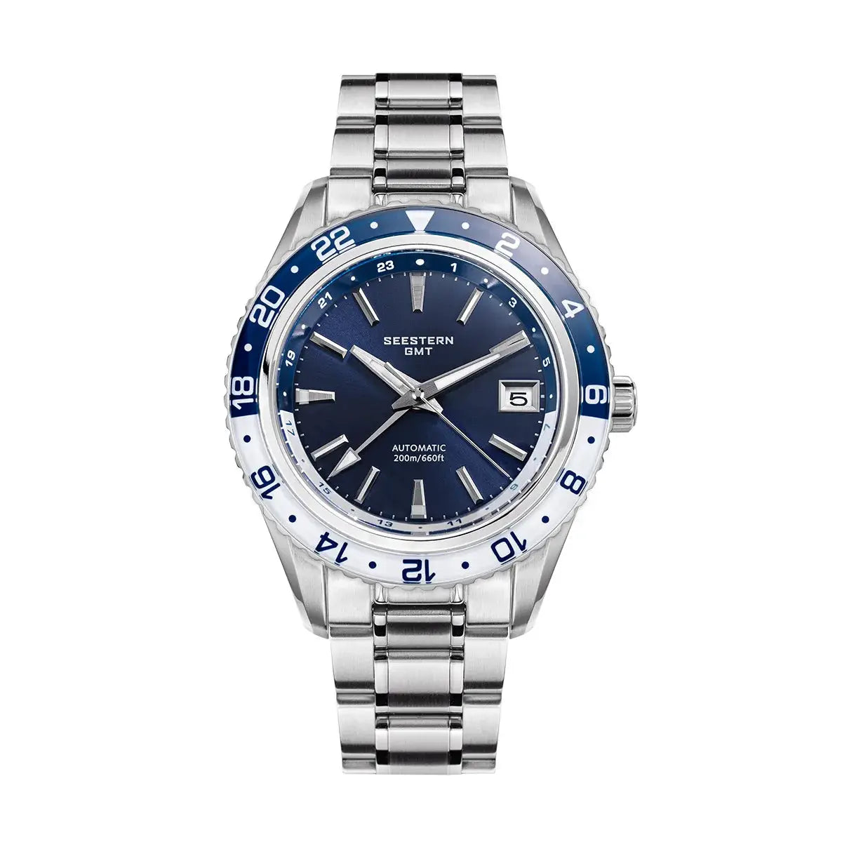 SEESTERN GMT automatic men's watch, stainless steel bracelet, blue dial, blue bezel, date window