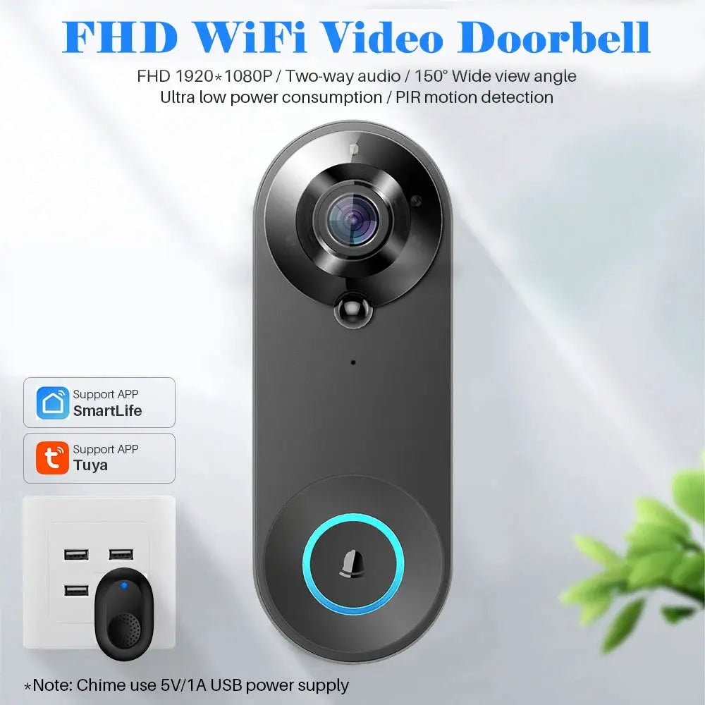 1080P wireless video doorbell and USB chime, black finish with blue ring; Tuya/SmartLife compatible