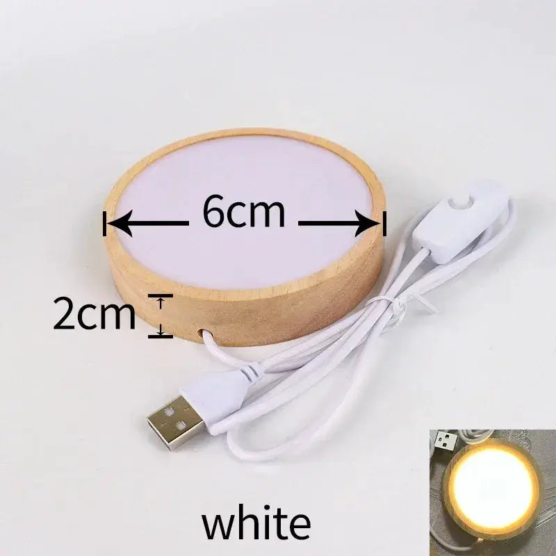 Simples Market round wooden LED night light base with white top, 6 cm diameter, 2 cm tall, USB-powered with cable