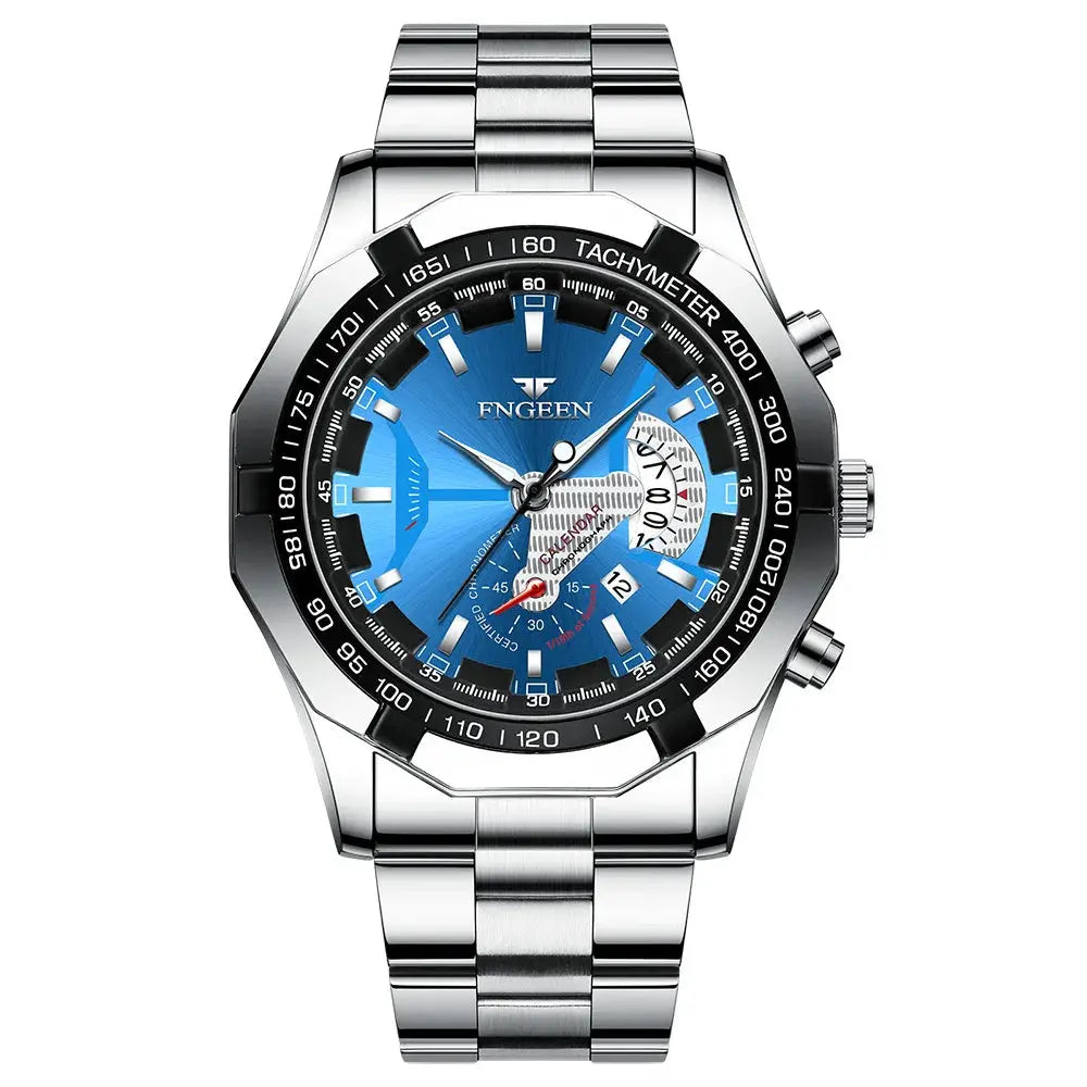 BINBOND men's quartz wristwatch with stainless steel band, blue dial, luminous markers, tachymeter bezel