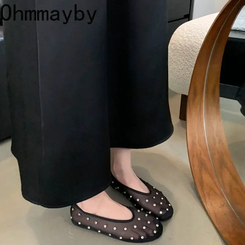 Fish Net Crystal Women Ballet Flats Slip On Dress Shoes Spring 2026