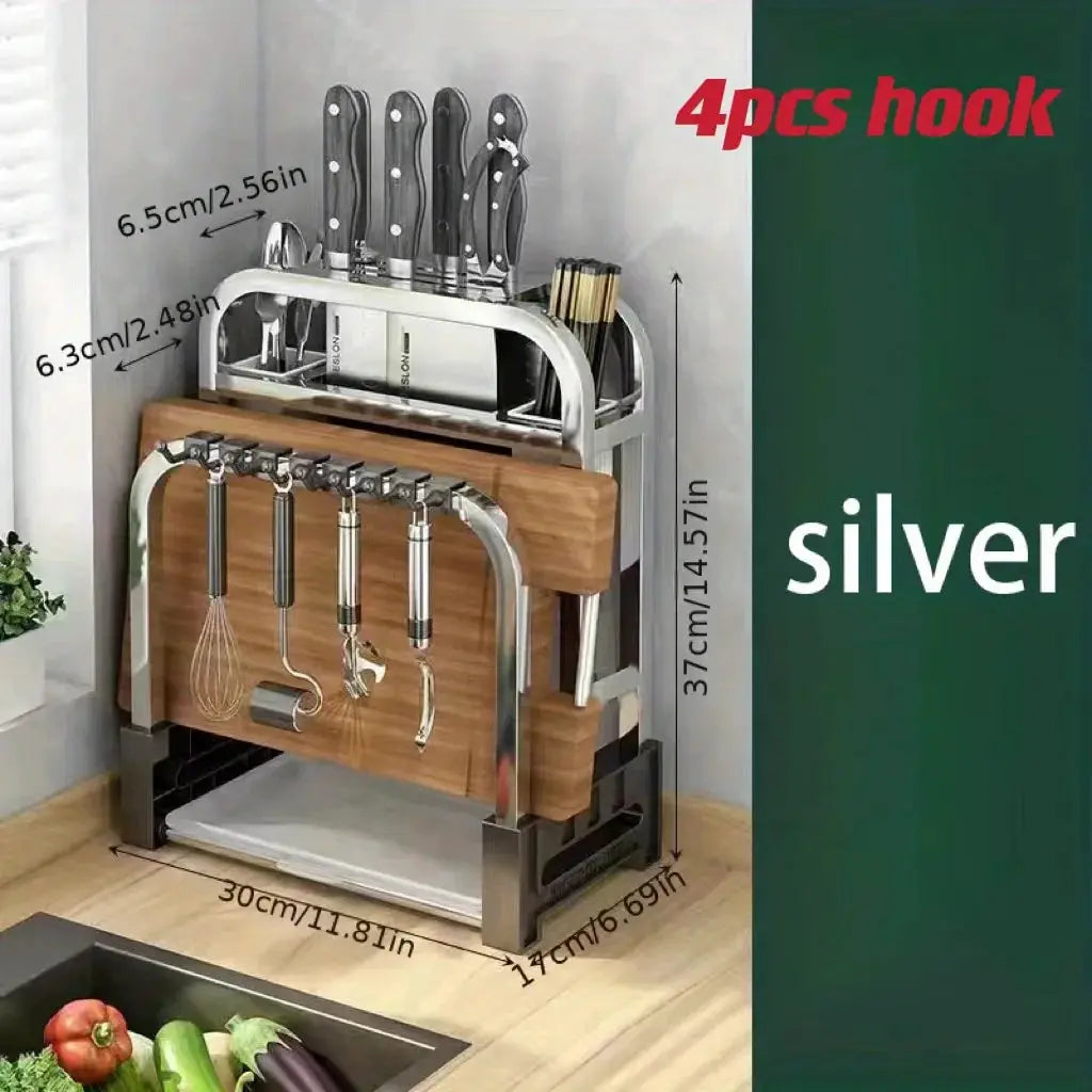 Stainless Steel Knife Holder Kitchen Rack With Integrated Cutting Board Storage For Efficient Countertop Organization