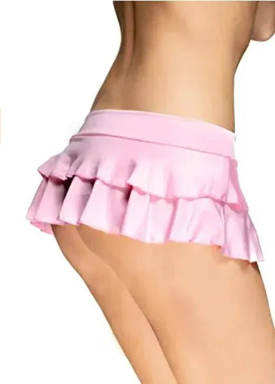 Pink solid mini skirt with low waist, ultra-short length, and layered ruffle hem for women