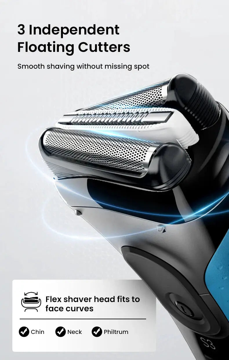 Braun electric shaver for men with 3 independent floating cutters and trimmer, black and silver, 100-240V