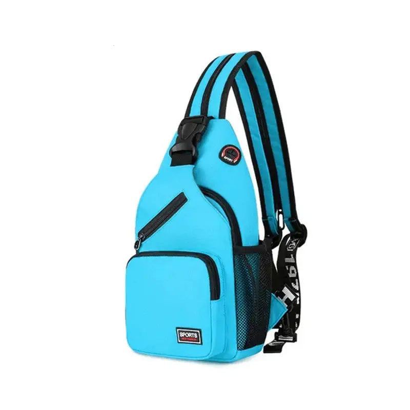 Blue Oxford chest bag with adjustable straps, front zip pocket and mesh side pocket